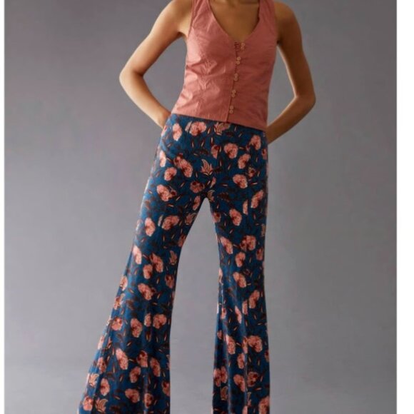 Anthropologie Drapey Flare Paints Floral Pattern Blue and Pink Size 4 - Picture 2 of 9
